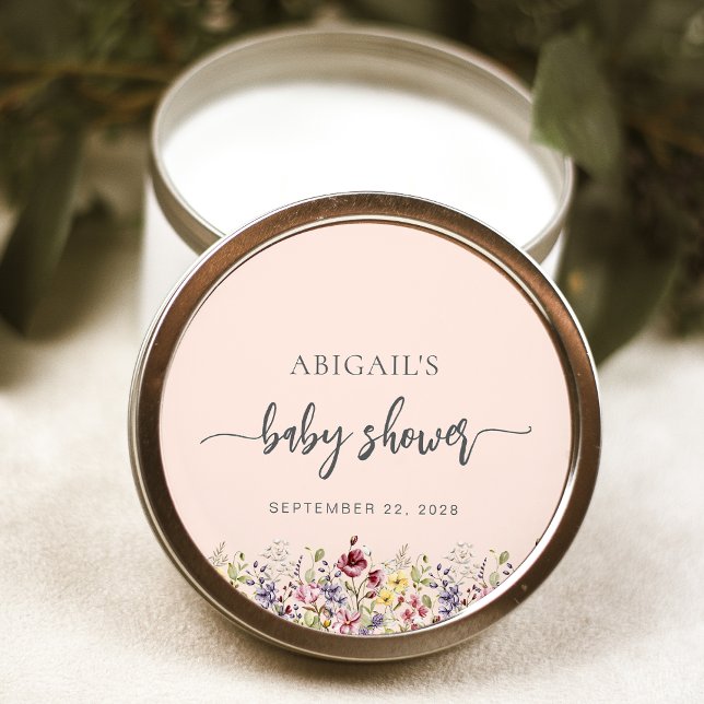 Baby in Bloom Wildblumen Blush Pink Baby Dusche Runder Aufkleber (Von Creator hochgeladen)