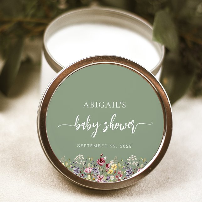 Baby in Bloom Wildblumen Sage Green Baby Dusche Runder Aufkleber (Von Creator hochgeladen)