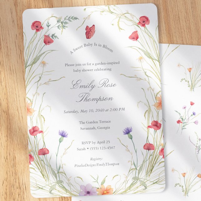 Baby in Bloom-Wildflower Spring Baby Girl Shower  Einladung (Baby in Bloom-Wildflower Spring Meadow-Baby Girl Shower Invitation)