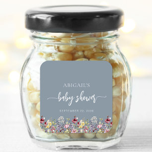 Baby in Bloom Wildflowers Dusty Blue Baby Shower Quadratischer Aufkleber