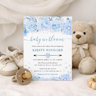 Baby in Bloom Winter Blau Florale Babyparty Einladung