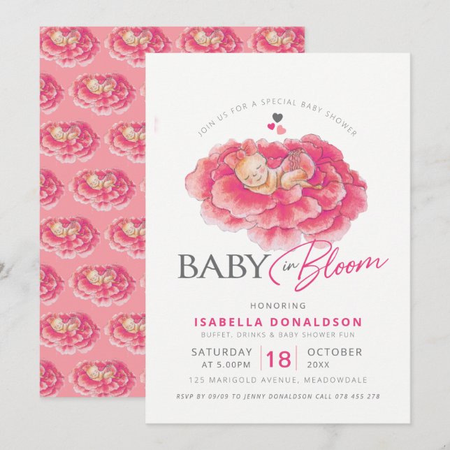 Baby in blühend rosa Blume Babydusche Einladungen (Vorne/Hinten)