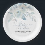 Baby in blühenden staubblauen Blumen Babydusche Pappteller<br><div class="desc">Baby in blühender Babydusche mit staubblauen Aquarellfarben-Blume und Skripttext. Der Text und andere Features können personalisiert sein.</div>