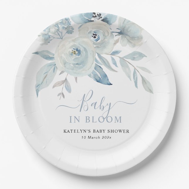 Baby in blühenden staubblauen Blumen Babydusche Pappteller (Vorderseite)