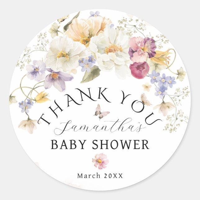 Baby in blühender Wildblume Rustikale Babydusche Runder Aufkleber (Vorderseite)