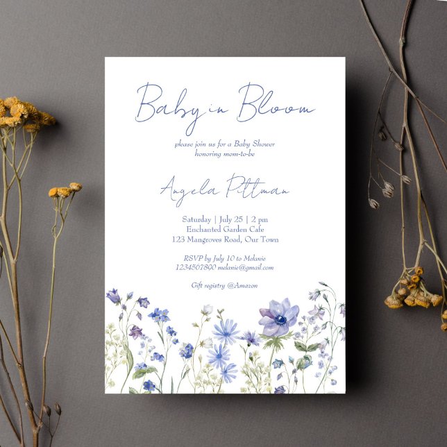 Baby in blühender Wildblume staubblaue Babydusche Einladung (Baby in bloom dusty blue boho Wildflower baby shower Invitation editable template instant download)