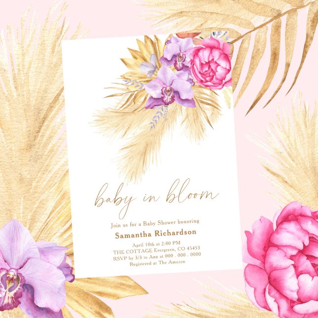 Baby in Blüte Pampas Gras Boho Pink Baby Dusche Einladung (Von Creator hochgeladen)