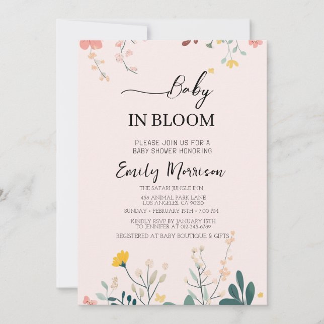 Baby in Blüte und Blume Kinderdusche Einladung (Vorderseite)