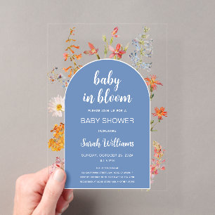 Baby in Blüten Wildblumen Jungen Dusche Blaue Arch Acryleinladungen
