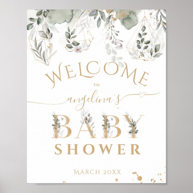 Baby in Blütengrün & Gold Baby Dusche Begrüßung Poster (Vorne)