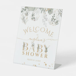 Baby in Blütengrün & Gold Baby Dusche Sockelschild