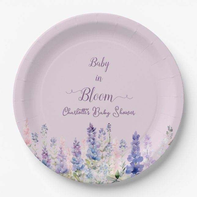 Baby in blutfarbigen Lupine Blume Kinderdusche Pappteller (Vorderseite)