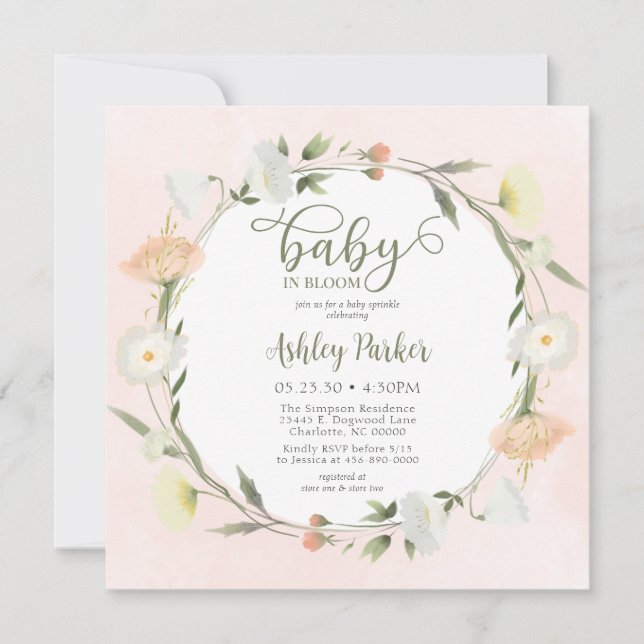 Baby in blütiger Wildblume Einladung zum Baby Spri (Vorderseite)
