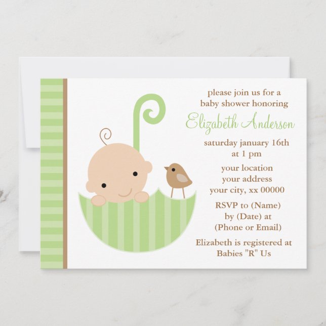 Baby in der grünen Regenschirm-Babyparty Einladung (Vorderseite)