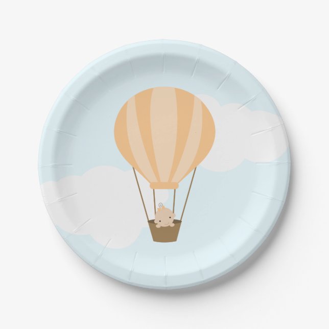 Baby in Orange Hot Air Ballon Babydusche Pappteller (Vorderseite)