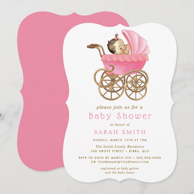 Baby in Stroller Pink Baby Dusche einladen Einladung (Vorne/Hinten)