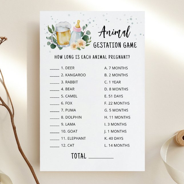 Baby Is Brewing Animal Gestation Game Pink Card (Greenery and Beer Baby Brewing Baby Shower Animal Gestation Game)