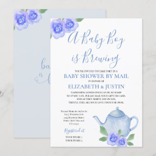 Baby is Brewing Baby Shower mit blauem Teekessel p Einladung