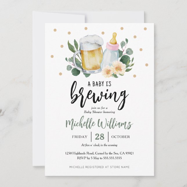 Baby Is Brewing Greenery Baby Shower Invitation Einladung (Vorderseite)