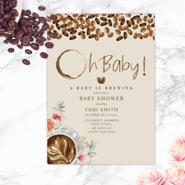 Baby Is Brewing Oh Baby Floral Coffee Baby Shower Einladung (Von Creator hochgeladen)