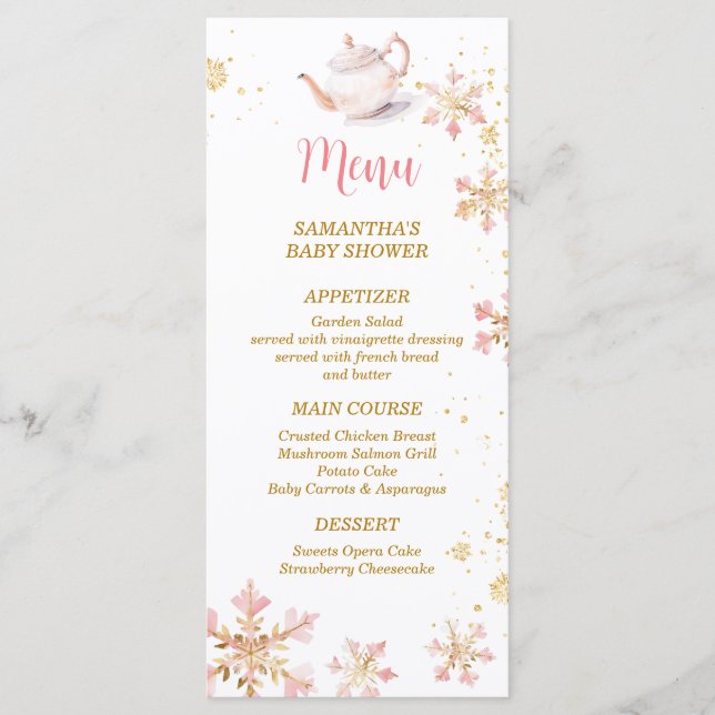 Baby Is Brewing Pink Winter Tea Party Baby Shower Menükarte (Vorderseite)