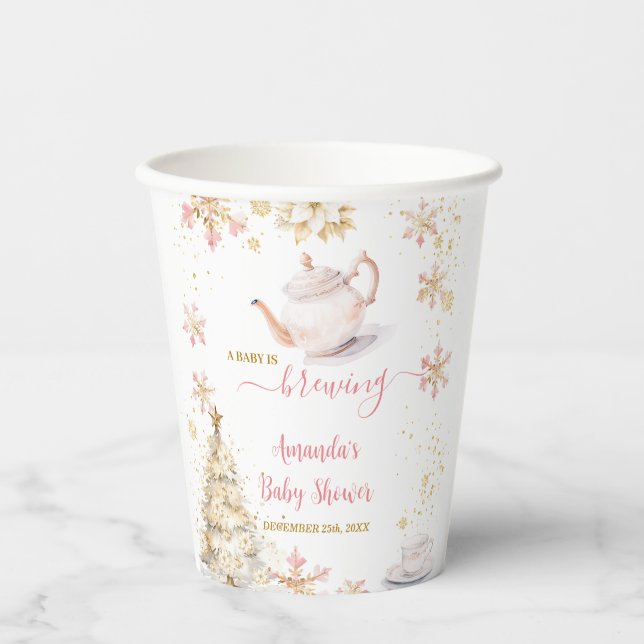 Baby Is Brewing Pink Winter Tea Party Baby Shower Pappbecher (Vorderseite)
