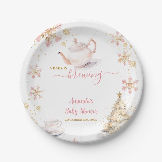 Baby Is Brewing Pink Winter Tea Party Baby Shower Pappteller (Vorderseite)