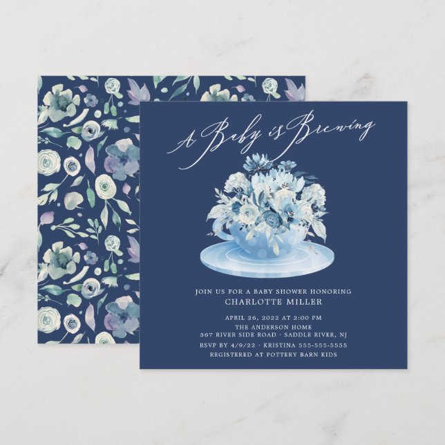 Baby ist das Brewing Blue Floral Baby Tee Einladung (Vorne/Hinten)