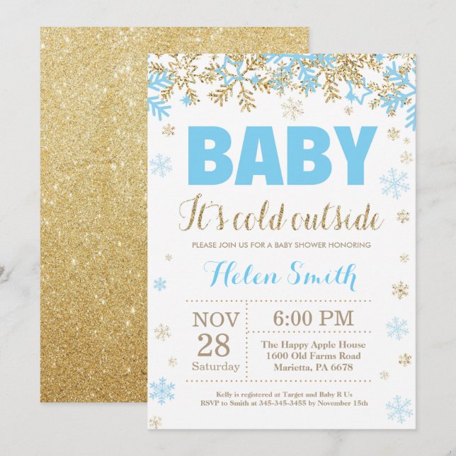 Baby its Cold Outdoor Blue Gold Boy Baby Shower Einladung (Vorne/Hinten)