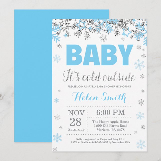 Baby its Cold Outdoor Blue Silver Boy Baby Shower Einladung (Vorne/Hinten)