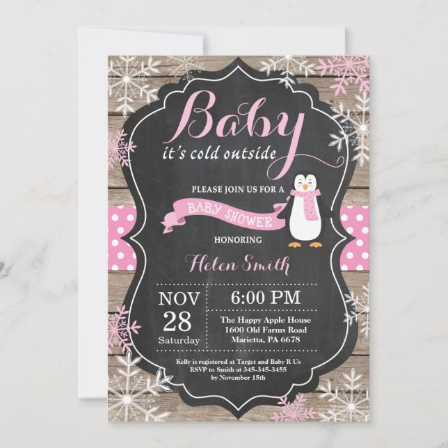 Baby its Cold Outdoor Pinguin Girl Baby Shower Einladung (Vorderseite)