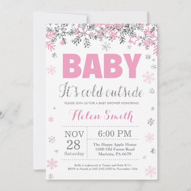 Baby its Cold Outdoor Pink Silver Girl Baby Shower Einladung (Vorderseite)