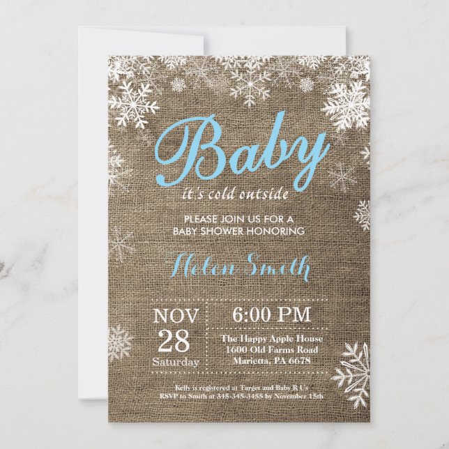 Baby its Cold Outdoor Winter Blue Boy Baby Shower Einladung (Vorderseite)