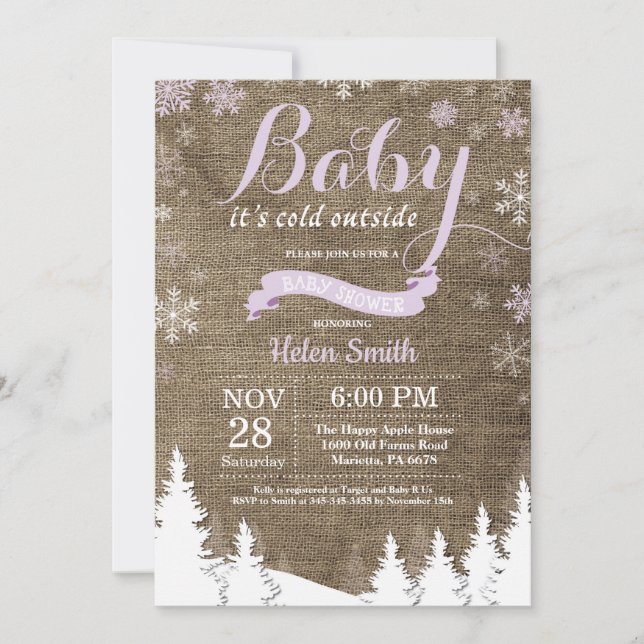 Baby its Cold Outdoor Winter Lila Baby Shower Einladung (Vorderseite)