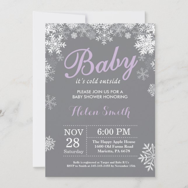 Baby its Cold Outdoor Winter Lila Baby Shower Einladung (Vorderseite)