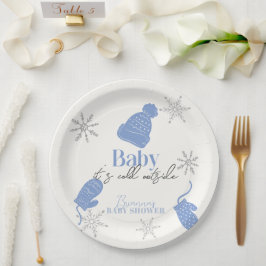 Baby It's Cold Outside Blue Beanie Boy Baby Shower Pappteller