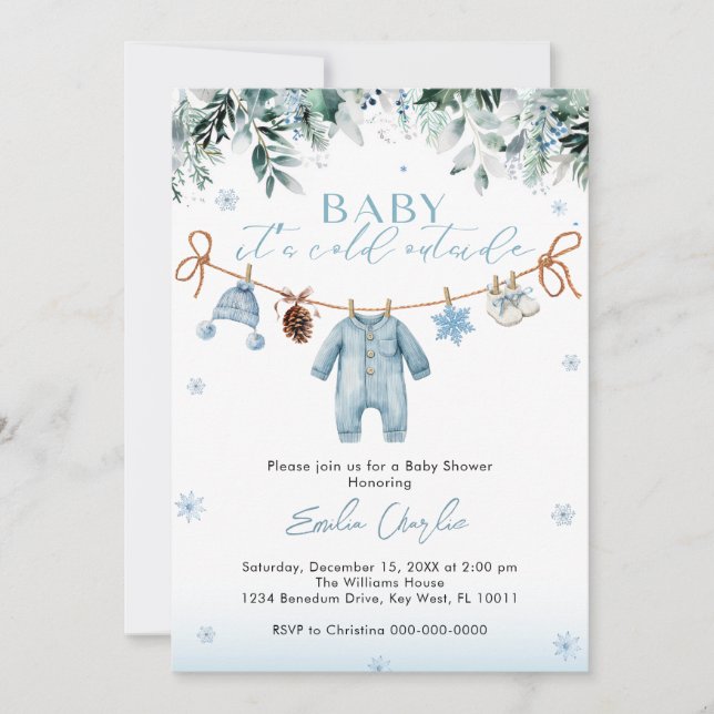 Baby it's Cold Outside Blue Clothes  Baby Shower  Einladung (Vorderseite)