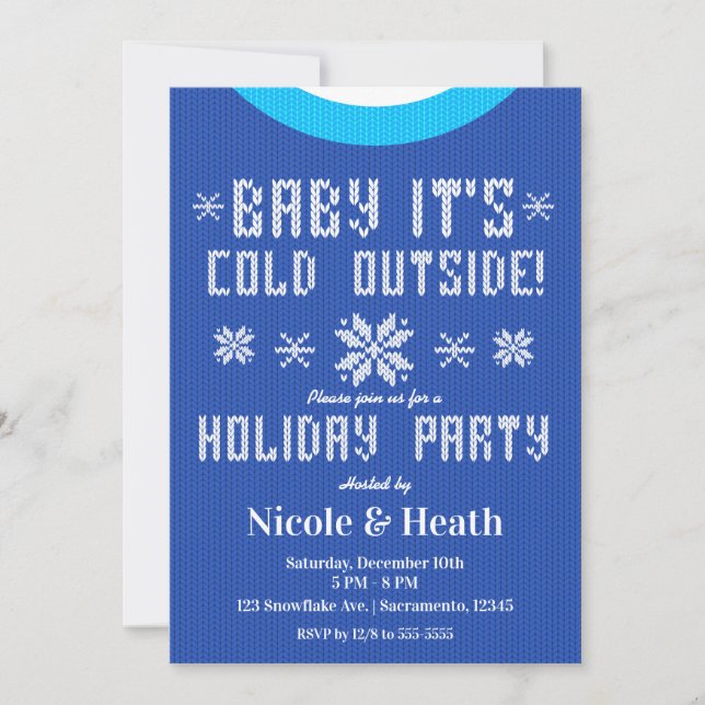 Baby It's Cold Outside Blue Sweater Holiday Party Einladung (Vorderseite)
