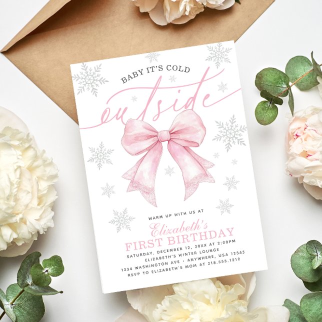 Baby Its Cold Outside Coquette Pink Bow Birthday Einladung (Baby Its Cold Outside Coquette Pink Bow Birthday Invitation)