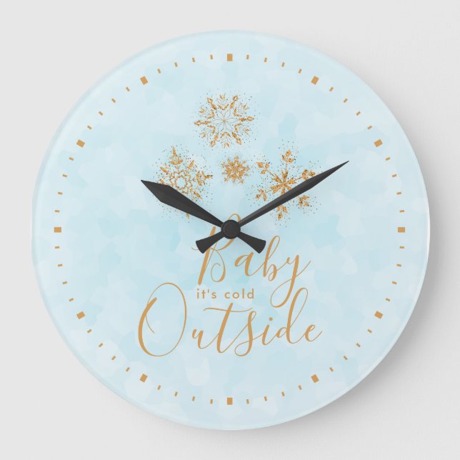 Baby it's Cold Outside Gold Snowflakes on Blue Große Wanduhr (Vorderseite)