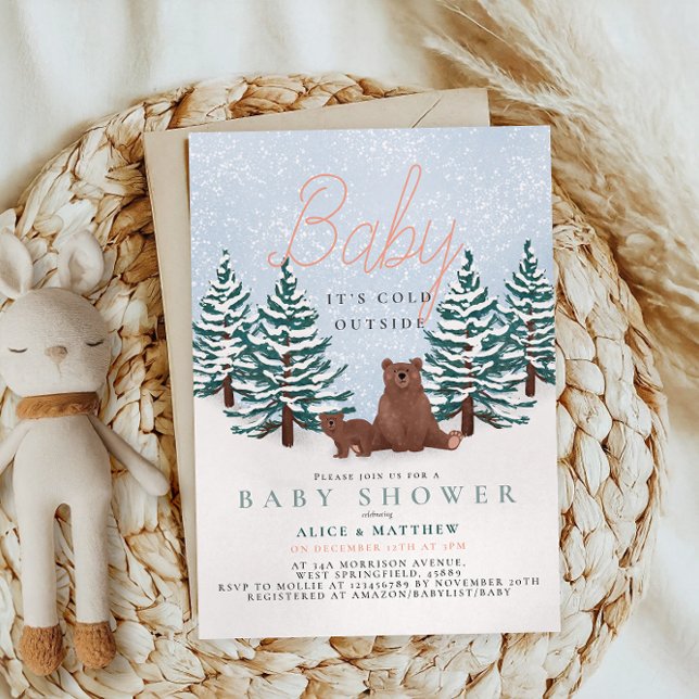 Baby It's Cold Outside Pine Trees Bear Baby Shower Einladung (Von Creator hochgeladen)