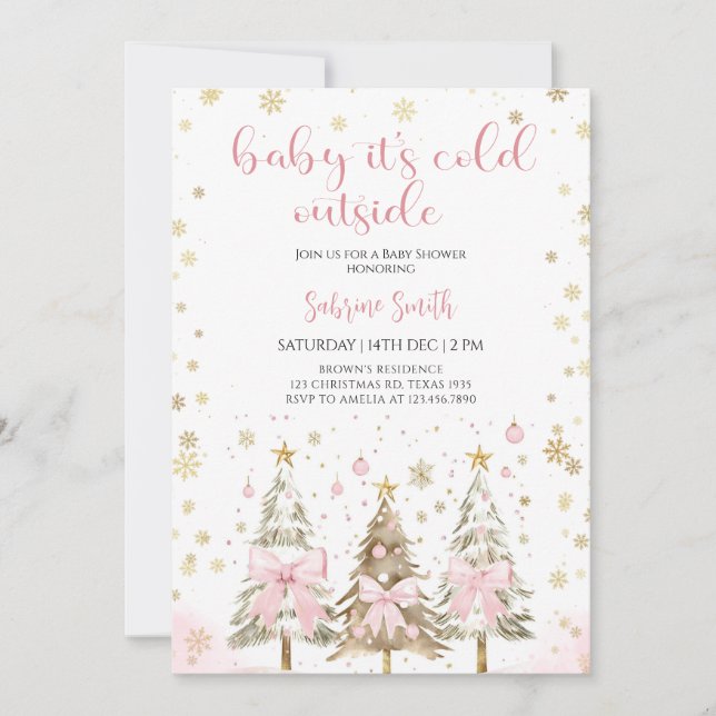  Baby it's Cold Outside Pink Bow Baby Shower  Einladung (Vorderseite)