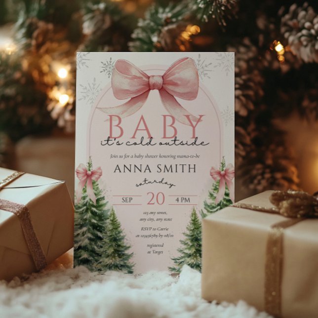 Baby It's Cold Outside Pink Christmas Winter Girl Einladung (Baby It's cold outside baby shower invitation christmas, winter wonderland, girl pink bow coquette)