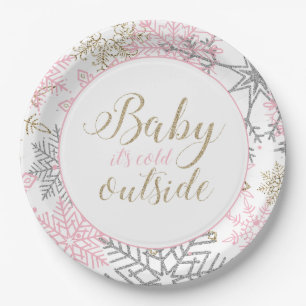 Baby It's Cold Outside rosa und gold Schneeflocke Pappteller