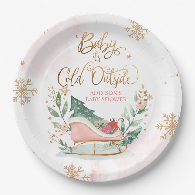 Baby It's Cold Outside Winter Sleigh Baby Dusche Pappteller (Vorderseite)
