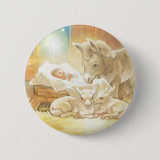 Baby-Jesus-Geburt Christi mit Lämmern und Esel Button (Vorderseite)