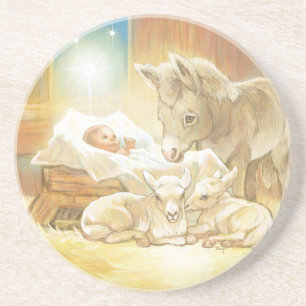 Baby-Jesus-Geburt Christi mit Lämmern und Esel Getränkeuntersetzer