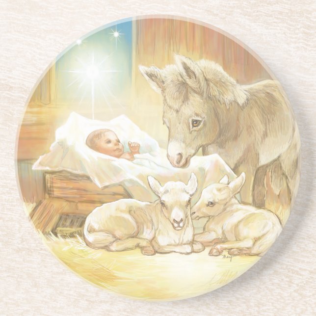 Baby-Jesus-Geburt Christi mit Lämmern und Esel Getränkeuntersetzer (Vorne)