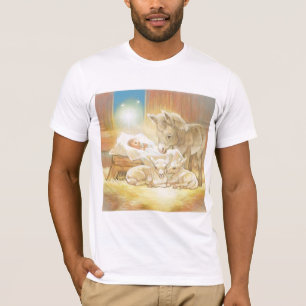 Baby-Jesus-Geburt Christi mit Lämmern und Esel T-Shirt