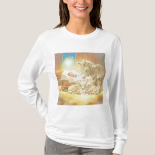 Baby-Jesus-Geburt Christi mit Lämmern und Esel T-Shirt